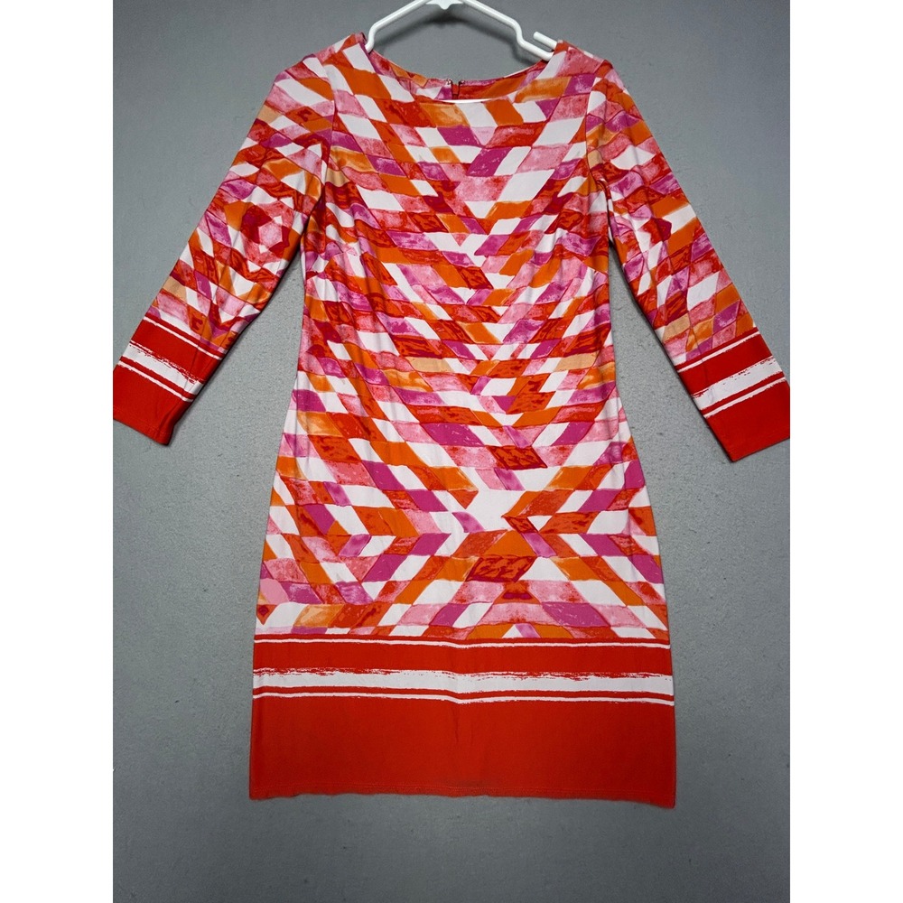Vince Camuto Sheath Dress Jersey Knit Geometric Orange Pink Red Size 4 Womens